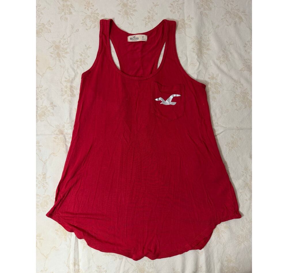 Hollister Womens XS Red Racerback Tank Top Silver Logo Graphic Pocket
